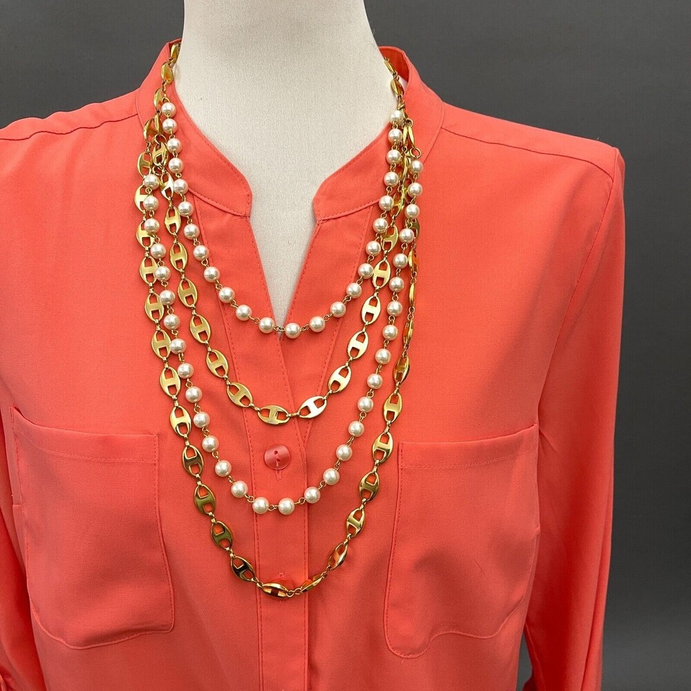 Gold-tone Faux White Pearl Women's Fashion Layered Necklace